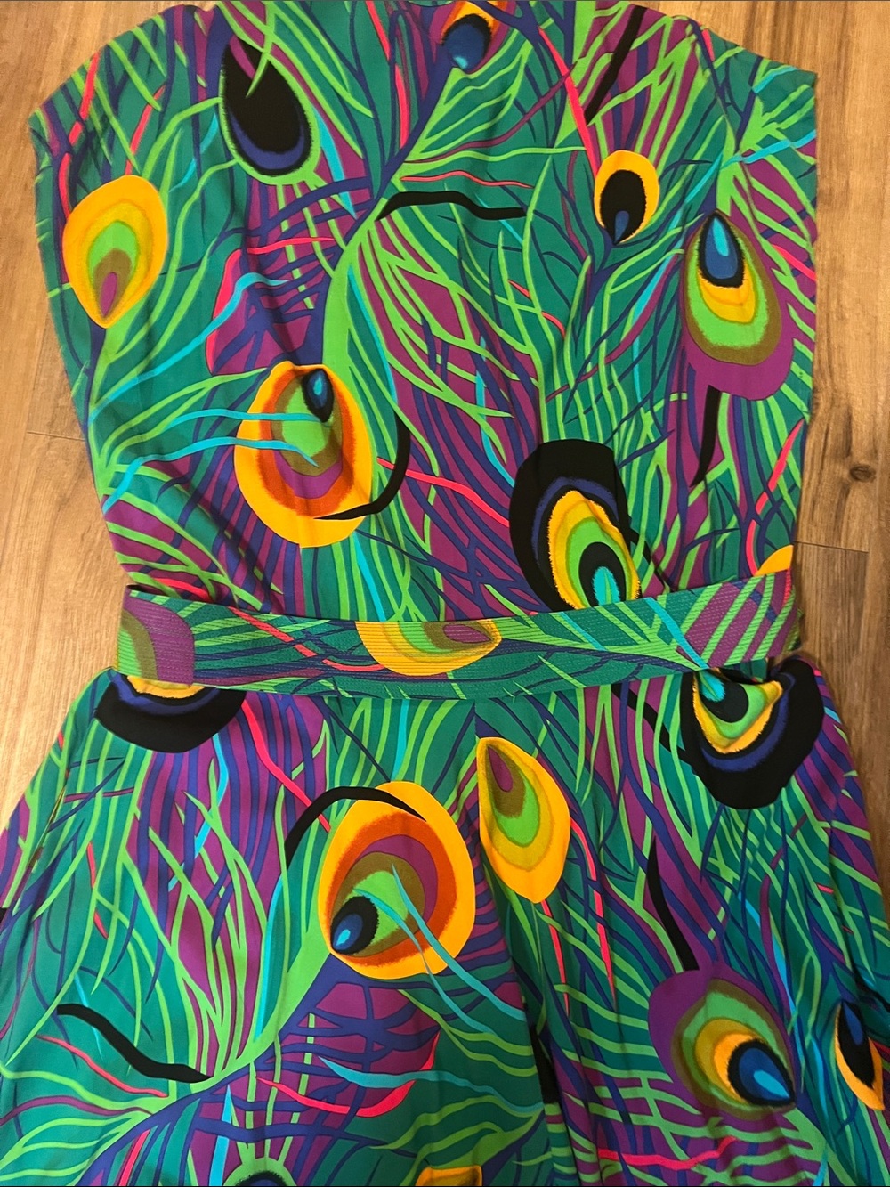 Trashy Diva Vibrant Peacock Print Fit-and-Flare Belted Dress Size 16 - Picture 6 of 6